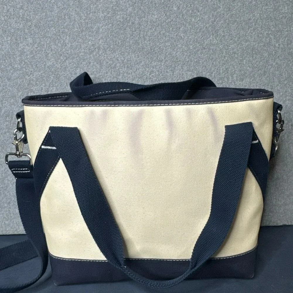 LL Bean Boat & Tote Insulated Canvas Cooler Tote Navy Cream Zip Lunch Bag Strap